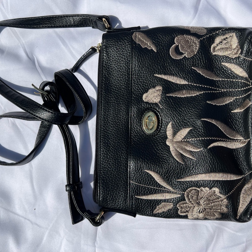 Black Floral Embroidered Leather Bag